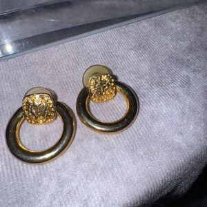 Anne Klein door knocker, Gold Lion‎ Head Hoop Pierced Earrings
